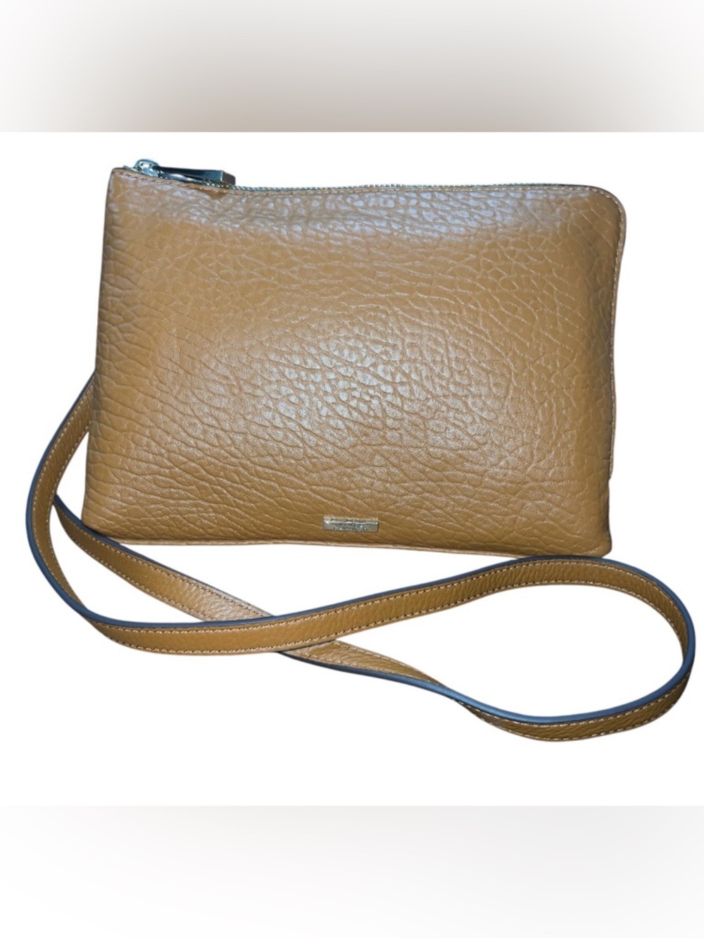 Vince Camuto Tan Pebbled Leather Crossbody Bag Gold Logo - EUC